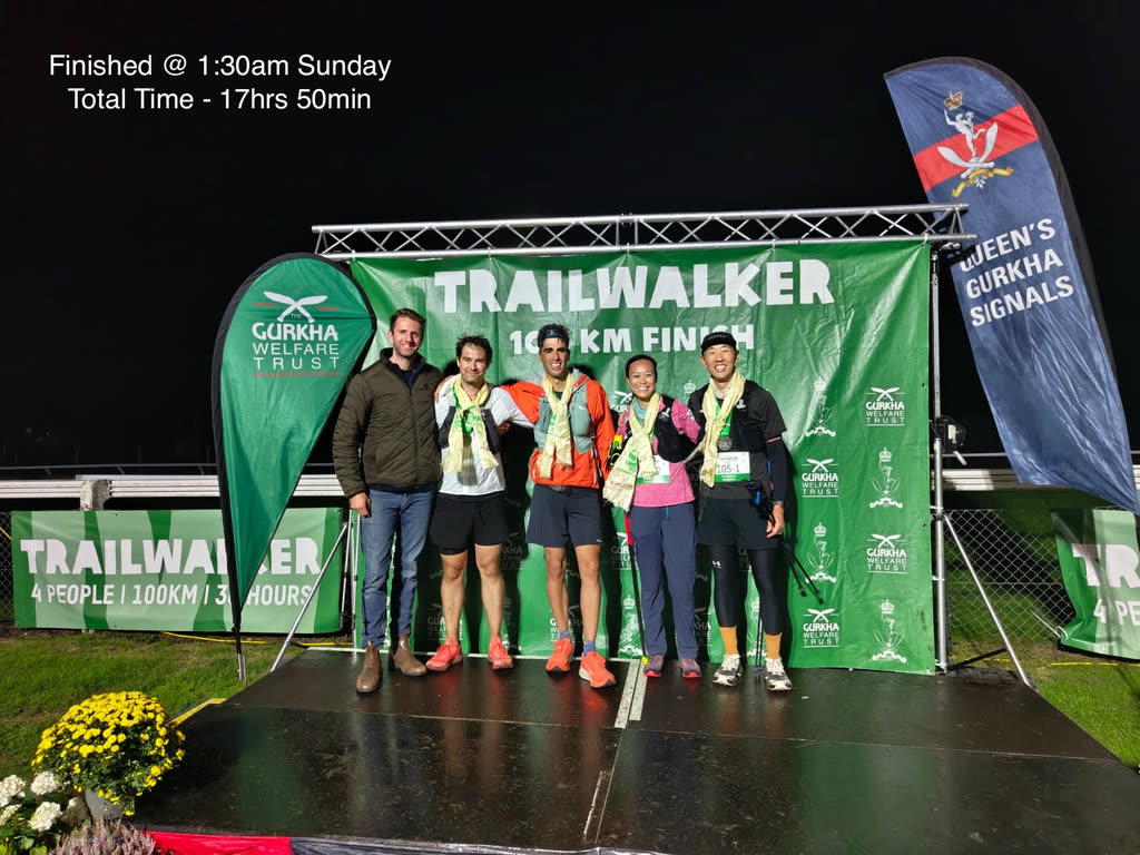 Five people on the finish podium at night in front of a green Trailwalker 100 km Finish banner, wearing finishers' medals and yellow scarves.